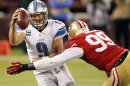 Detroit Lions quarterback Matthew Stafford (9) is sacked by San Francisco 49ers outside linebacker Aldon Smith (99) during the fourth quarter of an NFL football game in San Francisco, Sunday, Sept. 16, 2012. San Francisco won 27-19. (AP Photo/Tony Avelar)