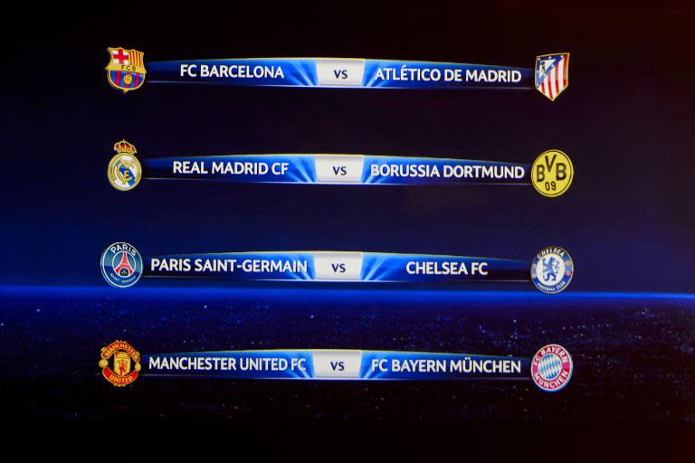 A television screen shows the draw for the quarter-finals of the UEFA Champions league at the UEFA headquarters in Nyon on March 21, 2014