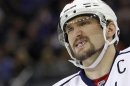 Capitals' Ovechkin skates to the bench against Rangers during second period action in Game 6 of their NHL Stanley Cup playoffs Eastern Conference Quarterfinal hockey game in New York