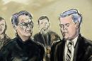 In this artist's rendering, Vincent Asaro, left, alongside his lawyer Gerald McMahon, right, appear in federal court, Thursday, Jan. 23, 2014, in the Brooklyn borough of New York. Asaro, 78, was named along with his son, Jerome, and three other defendants in wide-ranging indictment alleging murder, robbery, extortion, arson and other crimes from the late 1960s through last year. (AP Photo/Elizabeth Williams)
