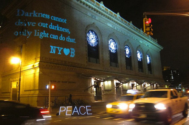 A quote from Martin Luther King projected in Brooklyn, NY.