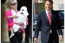 This photo combo shows Rielle Hunter, left, in an Aug. 6, 2009, file photo, and former U.S. senator and presidential candidate John Edwards in a May 10, 2012 file photo. Hunter billed herself a truth seeker. Then she met John Edwards in the bar of a New York City hotel in February 2006. Their relationship opened the door to a landslide of lies, most notably that the relationship existed at all, and that the child it produced was his. Edwards' truthfulness now lies at the heart of his campaign finance trial, with the former Senator insisting he had no idea that money from a pair of wealthy benefactors was being spent to hide Hunter and keep her away from tabloids. (AP Photo/Jim R. Bounds, Gerry Broome)