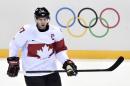 Canada's Sidney Crosby takes part in a warm-up ahead of quarterfinal hockey action against Latvia at the 2014 Sochi Winter Olympics in Sochi, Russia on Wednesday, Feb. 19, 2014. (AP Photo/The Canadian Press, Nathan Denette)