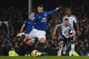 Everton's Belgian striker Kevin Mirallas fires his penalty kick against the post, failing to score during the English Premier League football match against West Bromwich Albion at Goodison Park in Liverpool on January 19, 2015