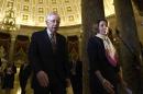 House Democratic Leader Nancy Pelosi of Calif., right, and Senate Minority Leader Harry Reid of Nev., left, walk to talk to reporters on Capitol Hill in Washington, Wednesday, Oct. 28, 2015, about the passage of a budget by the House. (AP Photo/Susan Walsh)