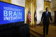 President Barack Obama leaves the stage in the East Room of the White House in Washington, Tuesday, April 2, 2013, after he spoke about the BRAIN (Brain Research through Advancing Innovative Neurotechnologies) Initiative. (AP Photo/Charles Dharapak)