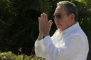 Cuba's President Raul Castro gestures after a wreath-laying ceremony at the Soviet Soldier monument in Havana