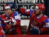 Russia's Ovechkin gets a pat on the head by Soin after judges validated his goal against Team USA during their 2013 IIHF Ice Hockey World Championship quarter-final match at the Hartwall Arena in Helsinki