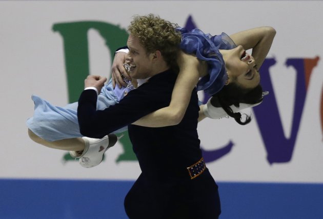Chock and Bates of the U.S. perform during the ice dance short dance at the ISU World Team Trophy in Figure Skating in Tokyo