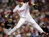 Philadelphia Phillies' Roy Halladay pitches in the second inning of a baseball game against the Miami Marlins, Tuesday, Sept. 11, 2012, in Philadelphia. (AP Photo/Matt Slocum)
