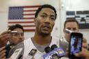 USA Basketball guard Derrick Rose of the Chicago Bulls speaks to the press after a team practice at the Brooklyn Nets training facility in East Rutherford, N.J., Tuesday, Aug. 19, 2014. Team USA faces the Dominican Republic at Madison Square Garden Wednesday night in advance of the FIBA World Cup Basketball tournament Aug. 30 through Sept. 14 in Spain. (AP Photo/Kathy Willens)