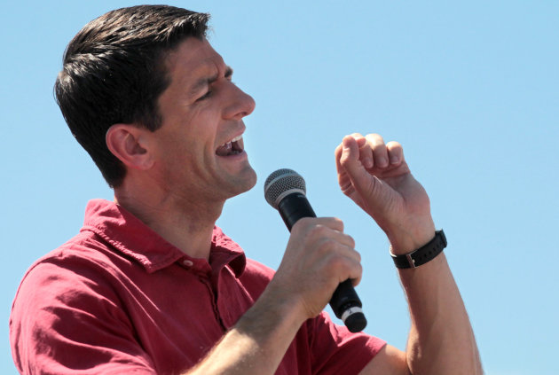 Republican vice presidential candidate Rep. Paul Ryan, R-Wis. campaigns at the Peterbilt Truck & Parts Equipment company in Sparks, Nev., Friday, Sept. 7, 2012. (AP Photo/Cathleen Allison)