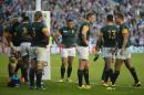 South African players reacts after losing a Pool B match of the 2015 Rugby World Cup to Japan at the Brighton community stadium in Brighton, south east England on September 19, 2015