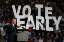 FILE - This Oct. 29, 2012 file photo shows Vice President Joe Biden speaking in front of "Vote Early" sign during a campaign rally at the Covelli Centre, Monday, in Youngstown, Ohio. One week before a close election, superstorm Sandy has confounded the presidential race, halting early voting in many areas, forcing both candidates to suspend campaigning and leading many to ponder whether the election might be postponed. It could take days to restore electricity to all of the more than 8 million homes and businesses that lost power when the storm pummeled the East Coast. That means it's possible that power could still be out in some states on Election Day _ a major problem for areas that rely on electronic voting machines. (AP Photo/Matt Rourke, File)