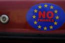 A car sticker with a logo encouraging people to leave the EU is seen on a car, in Llandudno, Wales.