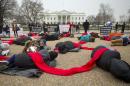 CORRECTS TO ANTI-ABORTION ACTIVISTS - Anti-abortion rights activists are connected with a red piece of cloth as they stage a 'die-in' in front of the White House in Washington, Wednesday, Jan. 21, 2015. Tomorrow marks the 42nd anniversary of the landmark 1973 Roe vs Wade decision and the March for Life, an annual gathering of abortion protest that dates back to 1974. (AP Photo/Pablo Martinez Monsivais)