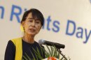 Myanmar pro-democracy leader Suu Kyi gives a speech on Human Rights Day at Inya Lake hotel in Yangon