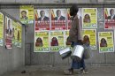 A boy walks past election campaign posters in Harare