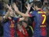 Barcelona's Alba celebrates with team mate Villa after scoring a goal against Celta Vigo during their Spanish First division soccer league match at Camp Nou stadium in Barcelona