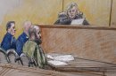 In this courtroom sketch, U.S. Army Maj. Nidal Hasan, right, sits by his former defense attorneys Maj. Joseph Marcee, far left, and Lt. Col. Kris Poppe, center, with Judge, Col. Tara Osborn, behind the bench during a pretrial hearing, Tuesday, July 9, 2013, in Fort Hood, Texas. Jury selection is set to start Tuesday in the long-awaited murder trial of Hasan, the Army psychiatrist accused of opening fire with a semi-automatic gun at Fort Hood nearly four years ago. (AP Photo/Brigitte Woosley)