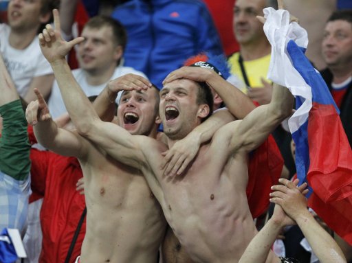 Fans of Russia celebrate during their Group A Euro 2012 soccer match against Czech Republic in Wroclaw