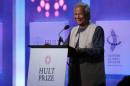Nobel Peace Prize winner Muhammad Yunus addresses the Hult Prize Award Dinner during the Clinton Global Initiative in Manhattan, New York