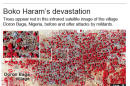 Satellite images shows the village of Doron Baga, Nigeria, before and after an attack by the Boko Haram.; 2c x 6 inches; 96.3 mm x 152 mm;