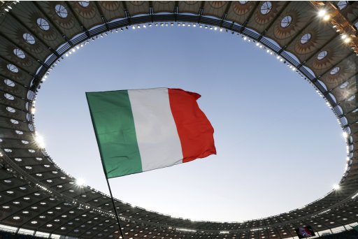Italy flag waves at Olympic Stadium before Euro 2012 quarter-final soccer match between Italy and England in Kiev