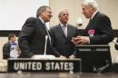 Panetta speaks with Daalder and Vimont before a NATO Defense Ministers meeting with non-NATO ISAF contributing nations at NATO headquarters in Brussels