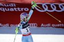 Slovenia's Tina Maze reacts after crossing the finish line during the women's alpine slalom competition at the alpine skiing world championships, Monday, Feb. 9, 2015, in Beaver Creek, Colo. (AP Photo/Marco Trovati)