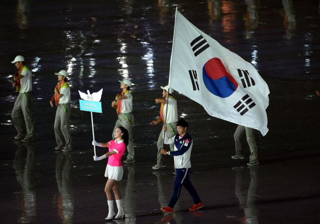 South Korea flag during the opening ceremony for the Nanjing 2014 Summer Youth Olympic Games. (Stanley Chou/Getty Images)