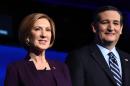 Republican presidential hopefuls Carly Fiorina (L) and Ted Cruz at the CNBC Republican Presidential Debateat the Coors Event Center at the University of Colorado in Boulder, Colorado on October 28, 2015