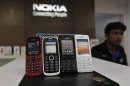 Low-cost handsets from Nokia on display at a Nokia store in the western Indian city of Ahmedabad