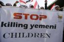 Girls demonstrate against the Saudi-led coalition outside the offices of the United Nations in Yemen's capital Sanaa