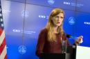 The U.S. Ambassador to the United Nations Samantha Power speaks during a lecture regarding the Ebola virus at the Residence Palace in Brussels on Thursday, Oct. 30, 2014. Power, who recently traveled to the Ebola-infected countries of Liberia, Guinea and Sierra Leone, is trying to draw support for more international aid in the stricken areas. (AP Photo/Virginia Mayo)