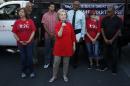 Democratic presidential candidate Hillary Rodham Clinton speaks during a rally Monday, Oct. 12, 2015, in Las Vegas, held by the Culinary Union to support a union drive at the Trump Hotel in Las Vegas. (AP Photo/John Locher)