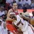 Heat's James drives past Bulls' Joakim Noah during the fourth quarter in Game 5 of their NBA Eastern Conference semi-final basketball playoff in Miam