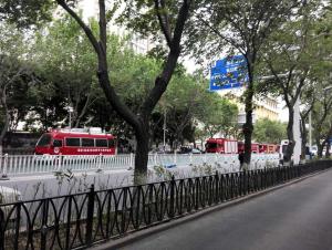 Fire trucks are seen on a street near the site where&nbsp;&hellip;
