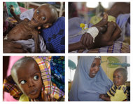Imagen compuesta de varias fotografías de fechas diferentes que muestran la recuperación del bebé Minhaj Gedi Farah en el hospítal del Comité de Rescate Internacional, en Dadaab, Kenia. Arriba a la izquierda, Minhaj llega al hospital el 26 de julio del 2011.Abajo a la derecha aparece el 19 de octubre del 2011. (Fotos AP)