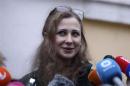 Alyokhina, member of Russian punk band Pussy Riot, speaks to the media after her release from a penal colony in Nizhny Novgorod