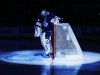 Maple Leafs goalie Reimer is seen in the pre-game spotlight before they play the Flyers in their NHL hockey game in Toronto