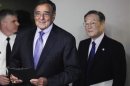 U.S. Defense Secretary Panetta and Japan's Defense Minister Morimoto arrive at a joint news conference after their meeting in Washington