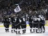 The Los Angeles Kings celebrate their team's 2-1 win against the St. Louis Blues after Game 6 of a first-round NHL hockey Stanley Cup playoff series in Los Angeles, Friday, May 10, 2013. (AP Photo/Jae C. Hong)