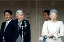 Japan's Crown Prince Naruhito, Emperor Akihito, Crown Princess Masako and Empress Michiko stand during public appearance for New Year celebrations at the Imperial Palace in Tokyo