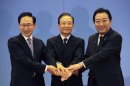 South Korea's President Lee Myung-bak, left, China's Premier Wen Jiabao, center, and Japan's Prime Minister Yoshihiko Noda hold their hands together as they pose for photographs ahead of the fifth trilateral summit among the three nations in Beijing, Sunday, May 13, 2012. (AP Photo/Petar Kujundzic, Pool)