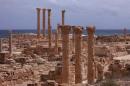 Old Roman ruins stand in the ancient archeaological site of Sabratha on Libya's Mediterreanean coast