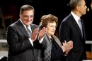 Outgoing Defense Secretary Leon Panetta, left, and his wife Sylvia, center, applaud as they stand with President Barack Obama during Armed Forces Farewell Ceremony to honor Panetta, Friday, Feb. 8, 2013, at Joint Base Myer-Henderson Hall in Arlington, Va. (AP Photo/Ann Heisenfelt)