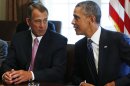 Speaker of the House Boehner talks to U.S. President Obama at a meeting with bipartisan Congressional leaders in Washington