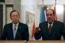 United Nations chief Ban Ki-Moon (left) and Iraqi Prime Minister Nuri al-Maliki answer questions during a joint press conference in Baghdad, on January 13, 2014