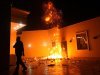 The U.S. Consulate in Benghazi is seen in flames during a protest